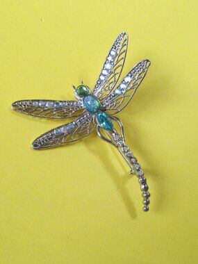 Dragonfly brooch Silver tone Blue rhinestones